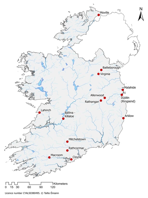 map showing Fourteen towns and cities that failed the European Union standards set to protect the environment