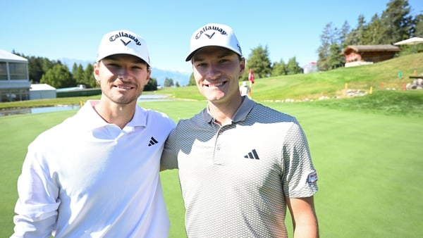 CRANS-MONTANA, SWITZERLAND - AUGUST 26: Rasmus Højgaard and Nicolai Hojgaard of Denmark during a practice round prior to the Omega European Masters 2025 at Crans-sur-Sierre Golf Club on August 26, 2025 in Crans-Montana, Switzerland. (Photo by Stuart Frank