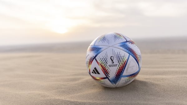 DOHA, QATAR - NOVEMBER 17: In this photo illustration the official FIFA World Cup Qatar 2022 Ball "adidas Al Rihla" set in the desert ahead of the FIFA World Cup Qatar 2022 at on November 17, 2022 in Doha, Qatar. (Photo by Maja Hitij - FIFA/FIFA via Gett