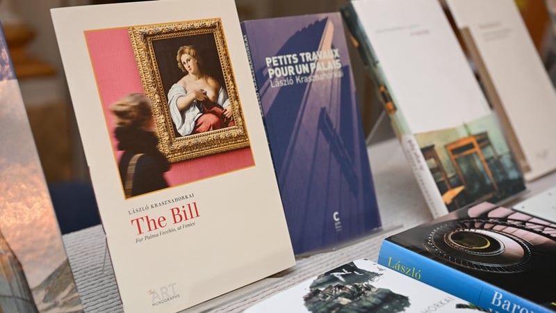 Books of Hungarian writer Laszlo Krasznahorka on display at the Swedish Academy in Stockholm