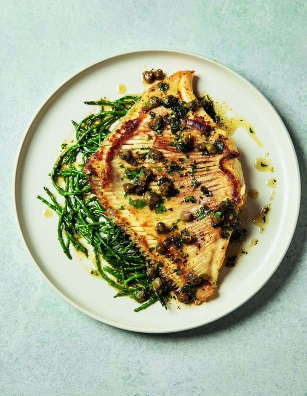 Skate wing with caper sauce and samphire