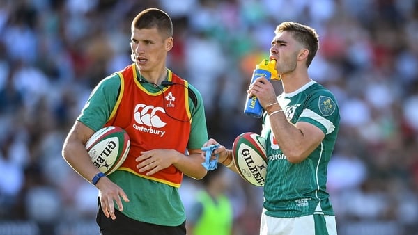 12 July 2025; Sam Prendergast with Jack Crowley of Ireland during the International Rugby Test match between Portugal and Ireland at Estádio Nacional do Jamor in Lisbon, Portugal. Photo by David Fitzgerald/Sportsfile
