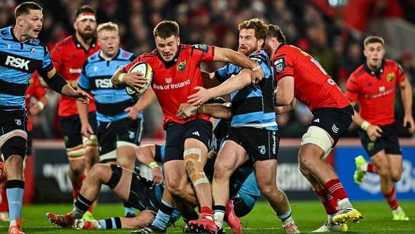 4 October 2025; Alex Nankivell of Munster is tackled by Rory Jennings of Cardiff Rugby during the United Rugby Championship match between Munster and Cardiff Rugby at Thomond Park in Limerick. Photo by Sam Barnes/Sportsfile