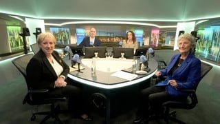 Studio photograph of Heather HUmphreys, Catherine Connolly and two RTÉ presenters