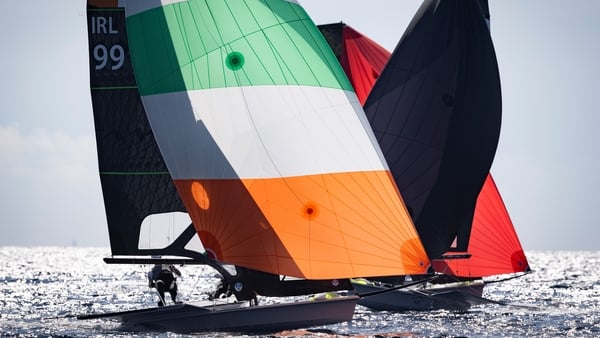 Cagliari, Sardinia, 9 October 2025: Ireland’s Rob Dickson (Howth Yacht Club) and Sean Waddilove (Skerries Sailing Club) competing in the qualification round of the 49er World Championships in Sardinia, Italy. Photograph: David Branigan/Oceansport