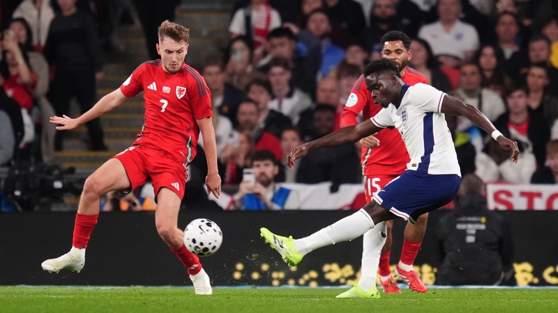 Bukayo Saka fires home England's third goal