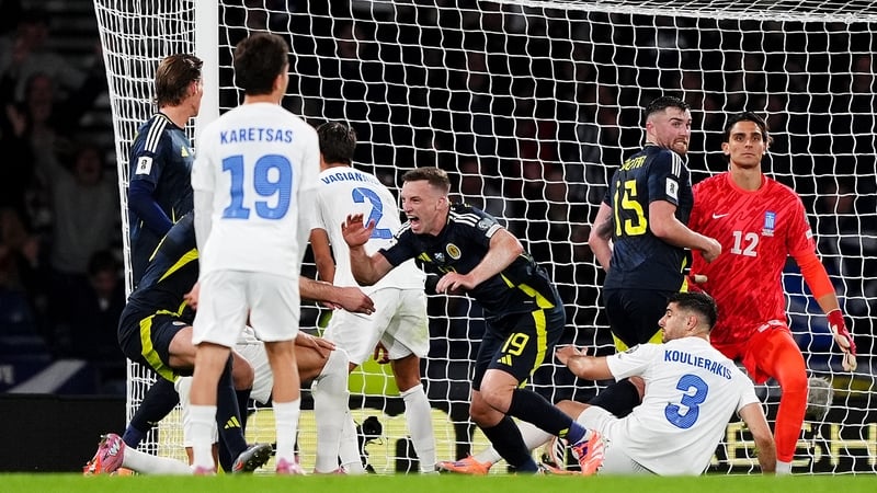 Lewis Ferguson celebrates after scoring Scotland's second goal against Greece