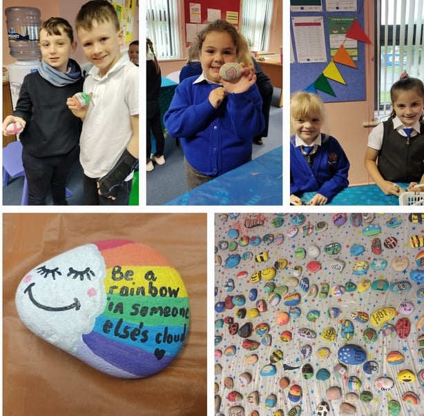 A composite photograph of school children and colourful pebbles