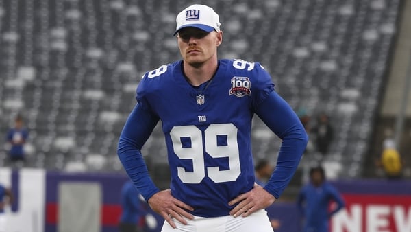 Jude McAtamney #99 of the New York Giants warms up prior to an NFL football game against the Detroit Lions at MetLife Stadium on August 8, 2024 in East Rutherford, NJ.