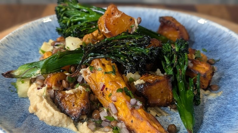 Mags' winter vegetable salad with spicy hummus, lentil salsa, crispy halloumi: Today