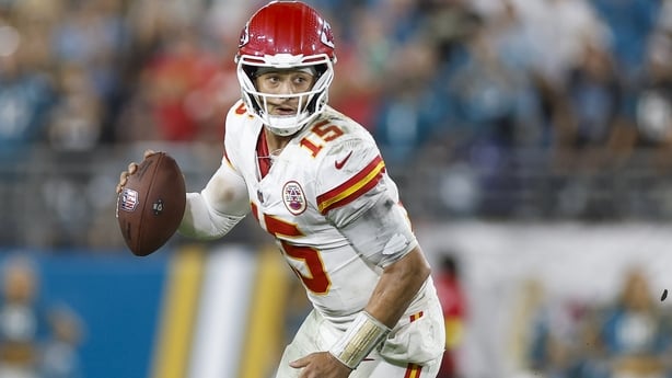 Kansas City Chiefs quarterback Patrick Mahomes (15) looks for a receiver during the game between the Kansas City Chiefs and the Jacksonville Jaguars on October 6, 2025 at EverBank Stadium in Jacksonville