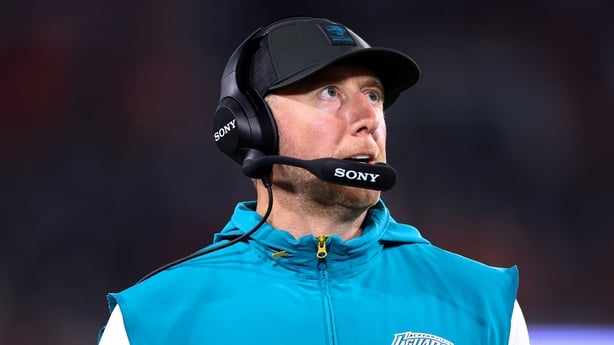 Head coach Liam Coen of the Jacksonville Jaguars looks on against the Kansas City Chiefs during the first quarter at EverBank Stadium on October 06, 2025 in Jacksonville, Florida