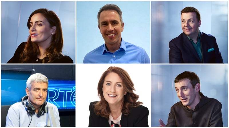 RTÉ Radio 1 presenters, clockwise from top left: Louise Duffy, Kieran Cuddihy, Oliver Callan, Colm Ó Mongáin, Katie Hannon and David McCullagh