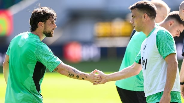 10 October 2025; Will Ferry, left, and Seamus Coleman during a Republic of Ireland training session at Estádio José Alvalade in Lisbon, Portugal. Photo by Stephen McCarthy/Sportsfile