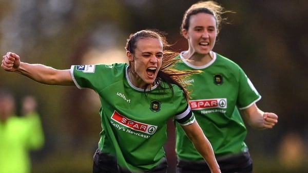 Aine O'Gorman, left, and Karen Duggan of Peamount United celebrate their side's first goal, scored by teammate Chloe Moloney, not pictured, during the SSE Airtricity Women's National League match between Peamount United and Wexford Youths at PRL Park in G