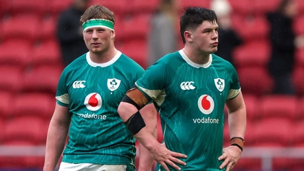 23 February 2025; Paddy McCarthy, left, and Stephen Smyth of Ireland after their side's defeat in the representative fixture rugby union match between England A and Ireland A at Ashton Gate in Bristol, England. Photo by Harry Murphy/Sportsfile