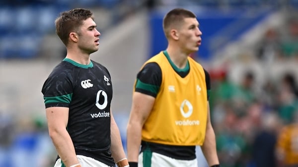 15 March 2025; Jack Crowley, left, and Sam Prendergast of Ireland before the Guinness Six Nations Rugby Championship match between Italy and Ireland at the Stadio Olimpico in Rome, Italy. Photo by Seb Daly/Sportsfile