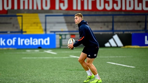 10 October 2025; Jack Crowley of Munster warms-up before the United Rugby Championship match between Munster and Edinburgh at Virgin Media Park in Cork. Photo by Shauna Clinton/Sportsfile