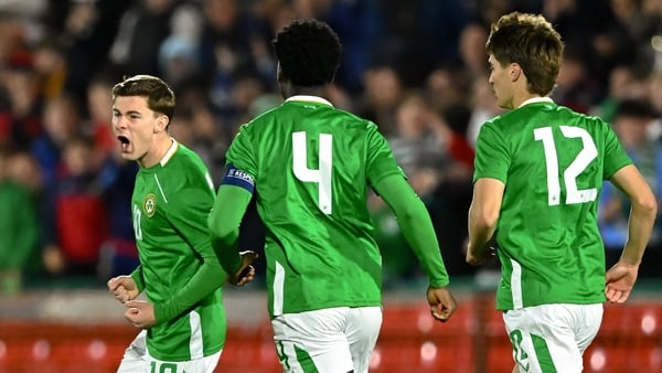 10 October 2025; Jamie Mullins of Republic of Ireland, 10, celebrates after scoring his side's first goal during the UEFA European U21 Championship qualifier match between Republic of Ireland and Slovakia at Turner's Cross in Cork. Photo by Piaras Ó Mídhe