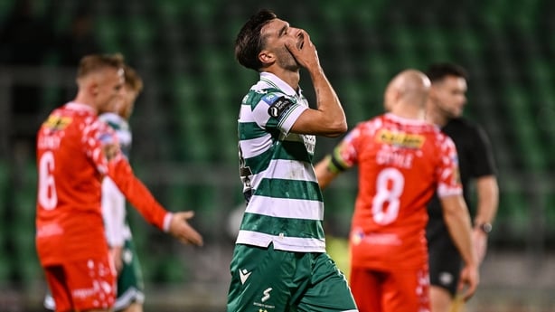 10 October 2025; Danny Mandroiu of Shamrock Rovers reacts to a missed opportunity on goal during the SSE Airtricity Men's Premier Division match between Shamrock Rovers and Shelbourne at Tallaght Stadium in Dublin. Photo by Seb Daly/Sportsfile