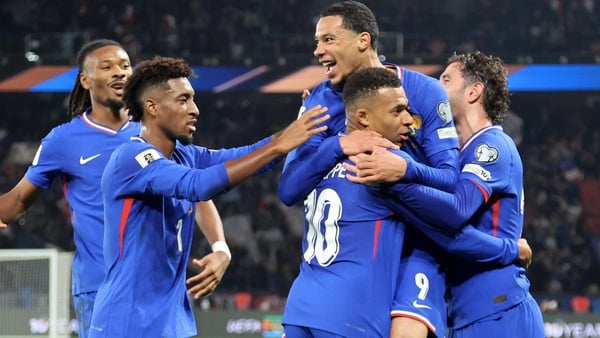 PARIS, FRANCE - OCTOBER 10: Captain, Kylian Mbappe #10 of Team France celebrate his first goal with Hugo Ekitike and teammattes during the FIFA World Cup 2026 qualifier match between France and Azerbaijan at Parc des Princes on October 10, 2025 in Paris,