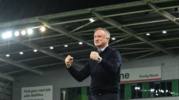 10 October 2025; Northern Ireland manager Michael O'Neill celebrates his side's second goal, scored by Trai Hume, during the FIFA World Cup 2026 qualifier match between Northern Ireland and Slovakia at Clearer Twist National Football Stadium at Windsor Park in Belfast. Photo by Ramsey Cardy/Sportsfi