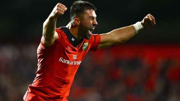 10 October 2025; Dan Kelly of Munster celebrates during the United Rugby Championship match between Munster and Edinburgh at Virgin Media Park in Cork. Photo by Shauna Clinton/Sportsfile