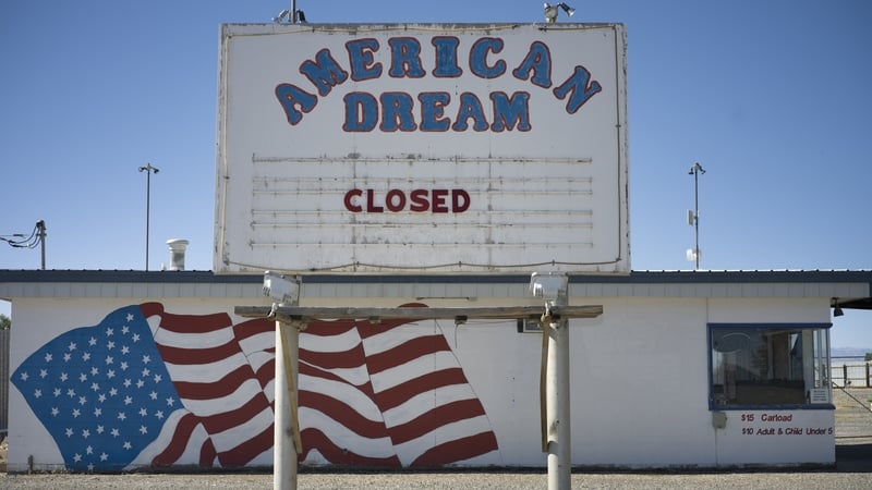 A sign for a drive-in cinema called American Dream declares it is closed on 24 September 2025 near Powell, Wyoming