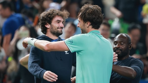 SHANGHAI, CHINA - OCTOBER 11: Arthur Rinderknech of France celebrate with Valentin Vacherot of Monaco after winning against Daniil Medvedev after the Men's singles Semifinals on day 13 of the 2025 Shanghai Rolex Masters at Qi Zhong Tennis Center on Octobe
