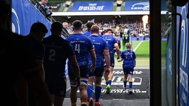 11 October 2025; Leinster players walk out before the United Rugby Championship match between Leinster and Hollywoodbets Sharks at the Aviva Stadium in Dublin. Photo by Seb Daly/Sportsfile