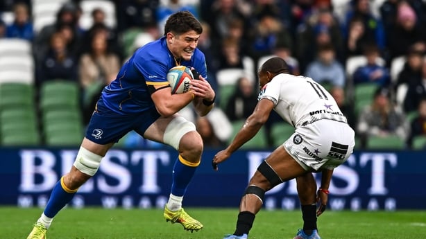 11 October 2025; Alex Soroka of Leinster in action against Makazole Mapimpi of Hollywoodbets Sharks during the United Rugby Championship match between Leinster and Hollywoodbets Sharks at the Aviva Stadium in Dublin. Photo by Tyler Miller/Sportsfile