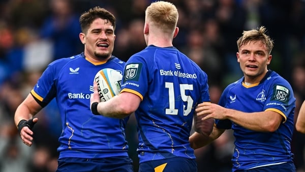 11 October 2025; Jamie Osborne of Leinster, centre, celebrates with teammate Alex Soroka, left, after scoring their side's first try during the United Rugby Championship match between Leinster and Hollywoodbets Sharks at the Aviva Stadium in Dublin. Photo
