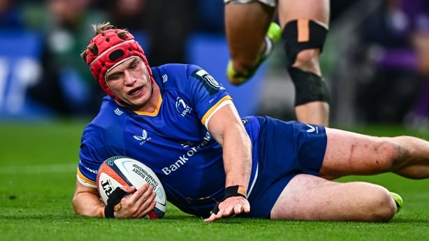 11 October 2025; Josh van der Flier of Leinster dives over to score his side's third try during the United Rugby Championship match between Leinster and Hollywoodbets Sharks at the Aviva Stadium in Dublin. Photo by Tyler Miller/Sportsfile
