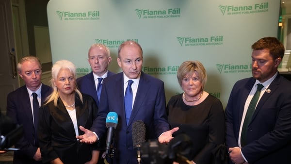 Micheál Martin speaks to reporters at the Cairdre Fianna Fáil gathering in Dublin