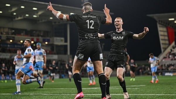 11 October 2025; Stuart McCloskey of Ulster celebrates with Nathan Doak, right, after scoring their side's first try during the United Rugby Championship match between Ulster and Vodacom Bulls at Affidea Stadium in Belfast. Photo by Ramsey Cardy/Sportsfil