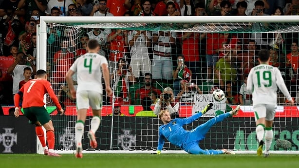 Republic of Ireland goalkeeper Caoimhin Kelleher saves the penalty of Cristiano Ronaldo of Portugal during the FIFA World Cup 2026 Group F qualifying match between Portugal and Republic of Ireland at Estádio José Alvalade in Lisbon, Portugal.