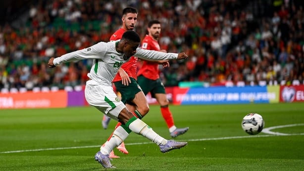 11 October 2025; Chiedozie Ogbene of Republic of Ireland has a shot on goal during the FIFA World Cup 2026 Group F qualifying match between Portugal and Republic of Ireland at Estádio José Alvalade in Lisbon, Portugal. Photo by Stephen McCarthy/Sportsfile