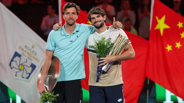 SHANGHAI, CHINA - OCTOBER 12: Champion Valentin Vacherot of Monaco and runner-up Arthur Rinderknech of France pose with their trophies during the awarding ceremony after the Men's Singles Final match on day 14 of the 2025 Shanghai Rolex Masters at Qi Zhon
