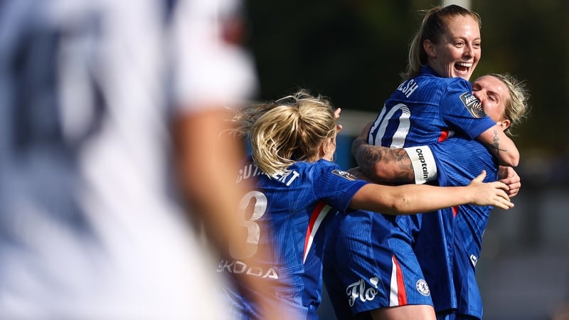 Chelsea's Keira Walsh celebrates their first goal with Millie Bright