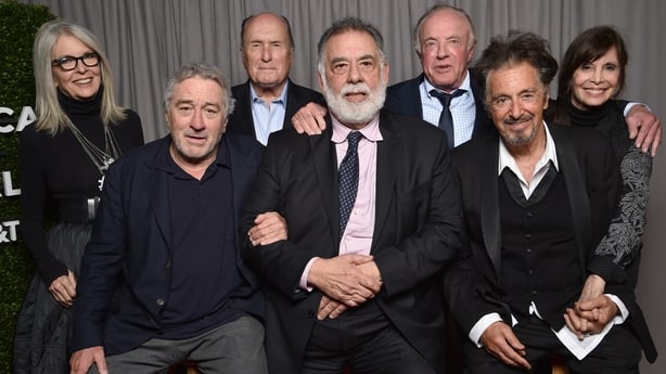 (L-R) Diane Keaton, Robert De Niro, Robert Duvall, Francis Ford Coppola, James Caan, Al Pacino, and Talia Shire pose for a portrait at The Godfather 45th Anniversary Screening during the 2017 Tribeca Film Festival closing night at Radio City Music Hall on 29 April, 2017 in New York City