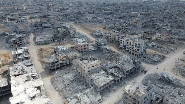 An aerial view shows the destruction in the Al-Katiba area of Khan Yunis, in southern Gaza Strip