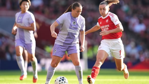 Brighton and Hove Albion's Fran Kirby and Arsenal's Katie McCabe (right) battle for the ball 