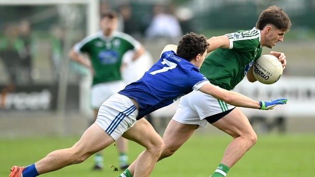 12 October 2025; Dáire Ó Baoill of Gaoth Dobhair in action against Finnbarr Roarty of Naomh Conaill during the Donegal County Senior Club Football Championship final match between Naomh Conaill and Gaoth Dobhair at O'Donnell Park in Letterkenny, Donegal. Photo by David Fitzgerald/Sportsfile