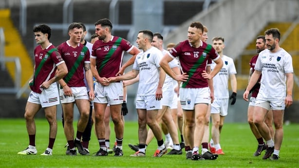 Players from both sides shake hands after the Laois County Senior Club Football Championship final match between Courtwood and Portarlington at Laois Hire O'Moore Park in Portlaoise, Laois.