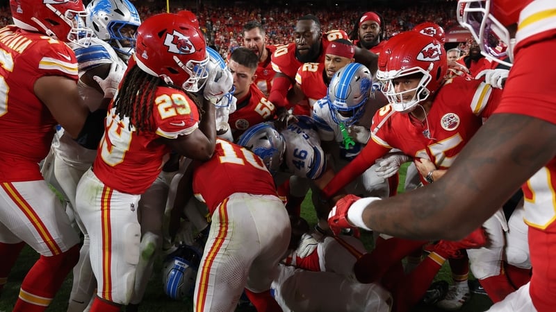 The Kansas City Chiefs and the Detroit Lions fight after the game at Arrowhead Stadium