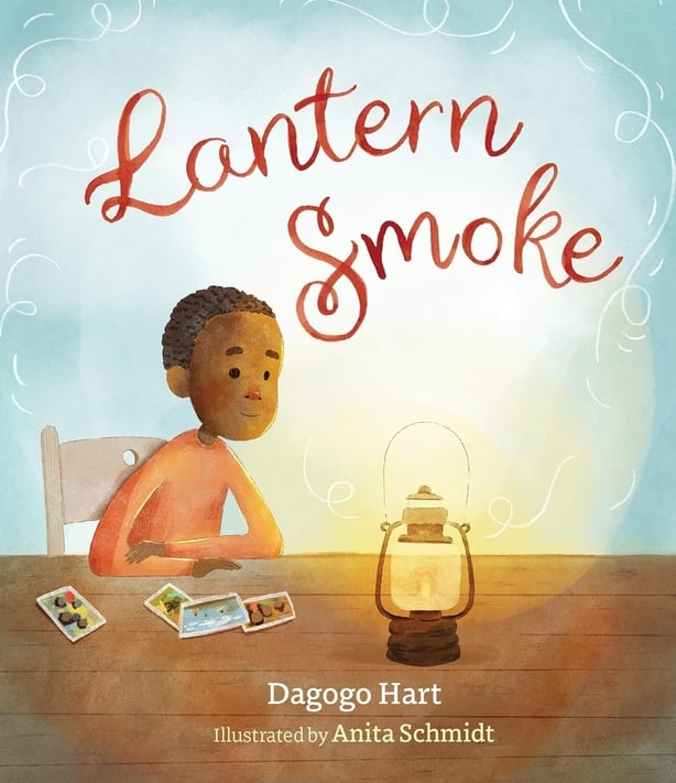 Cover of the book title Lantern Smoke with a drawing of a young boy at a desk with a lit lantern glowing