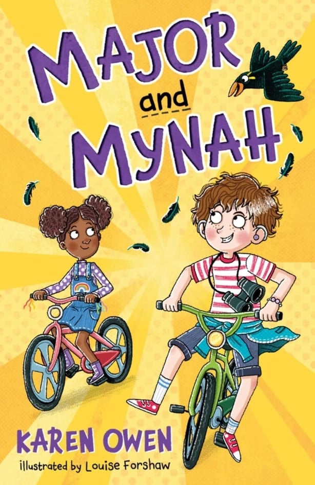 Cover of the book Major and Mynah with a drawing of two kids on bikes with a yellow background