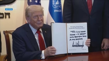 ‘A great and beautiful day’: Trump signs Knesset guestbook