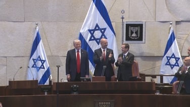US President Donald Trump receives standing ovation upon entering the Knesset