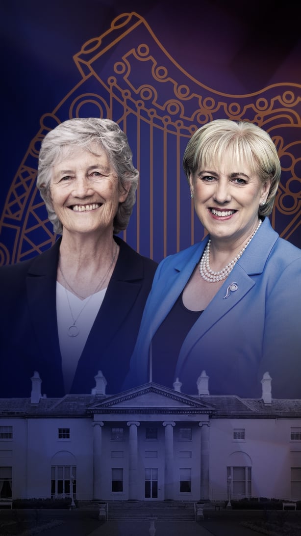 Visual showing a cut out of Catherine Connolly and Heather Humphreys with the Áras and Irish harp
